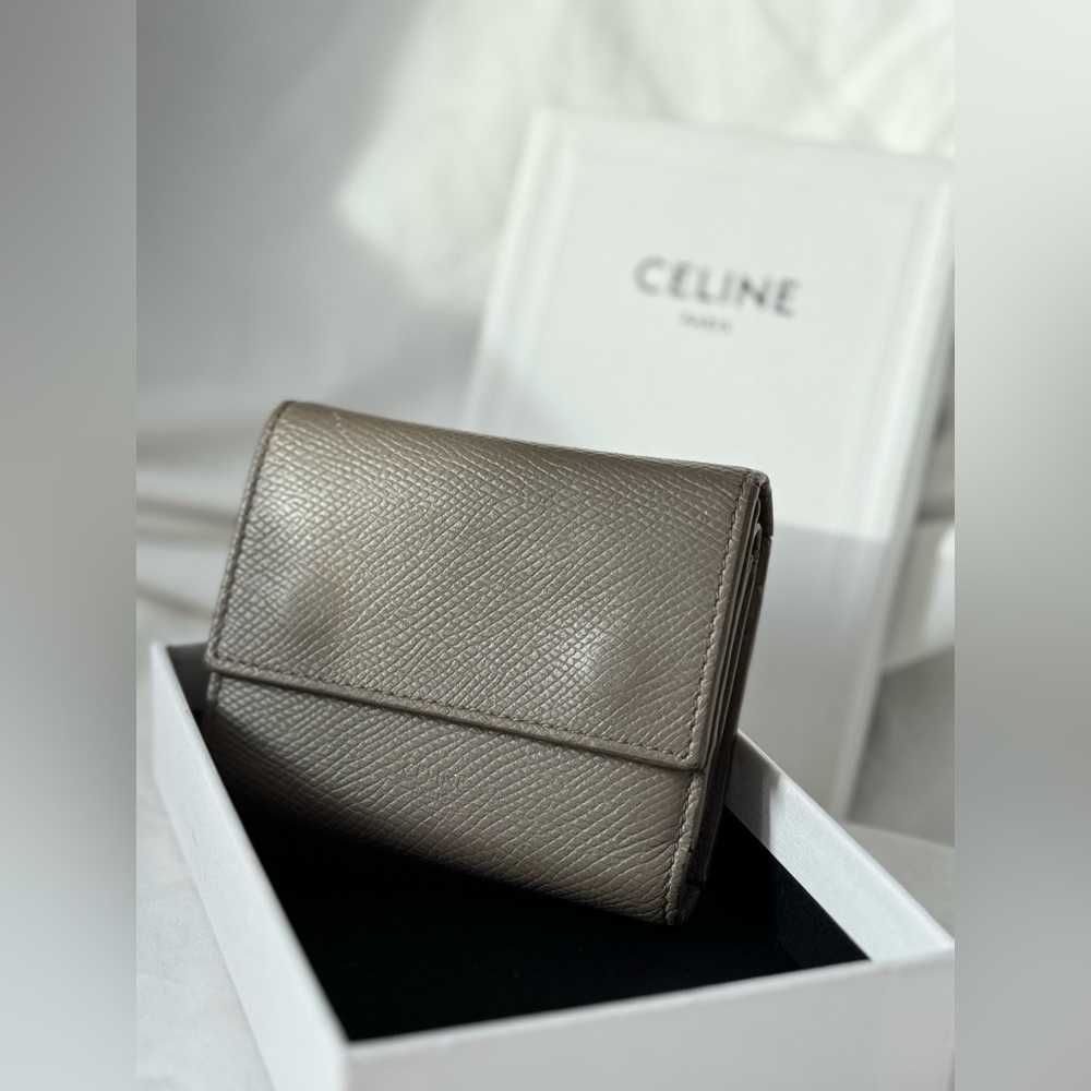 Genuine Celine Compact Wallet: Luxurious Greige Pebble Leather